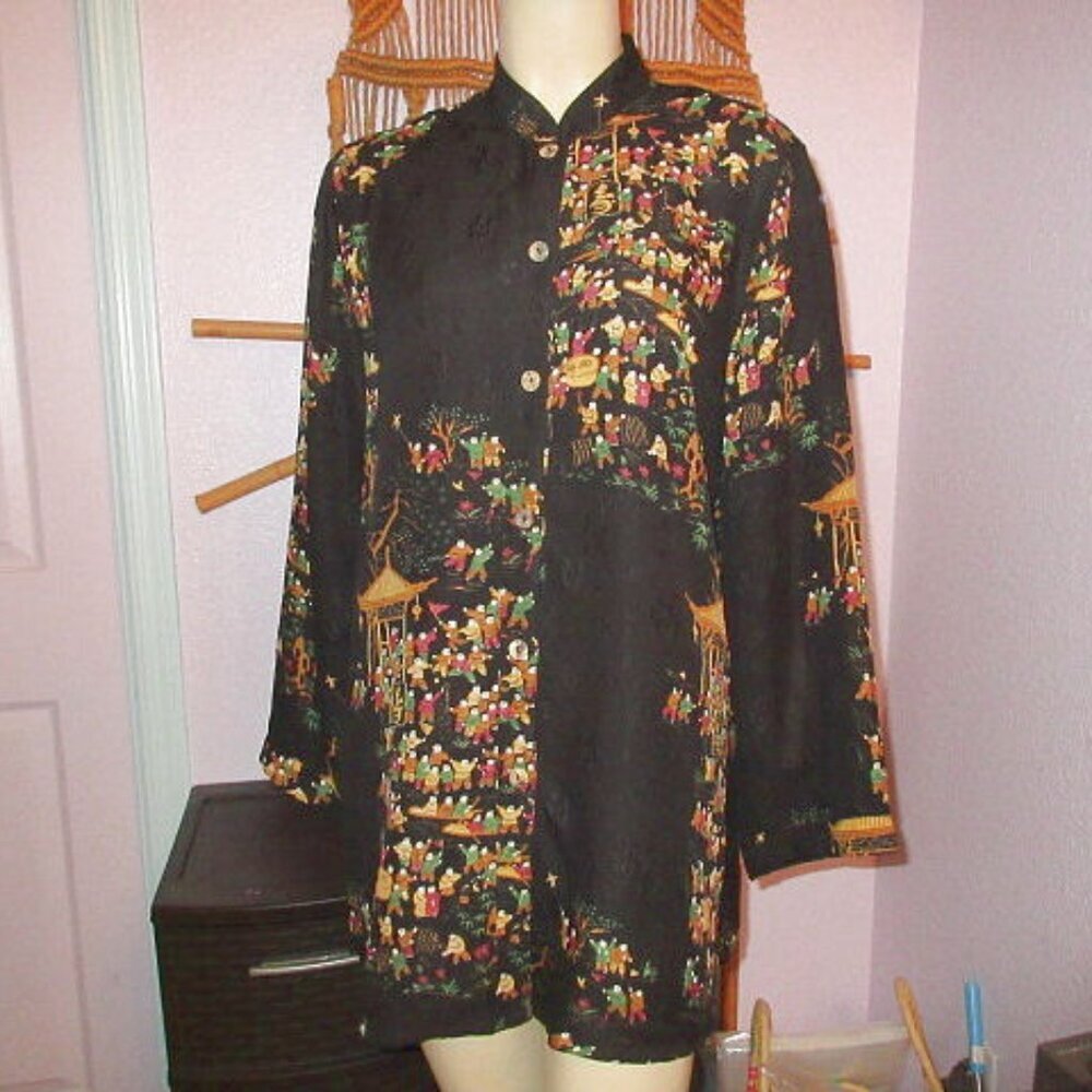 Citron Silk Damask Blouse Top Size M Asian Pagoda Exotic Tunic Oversized NEW